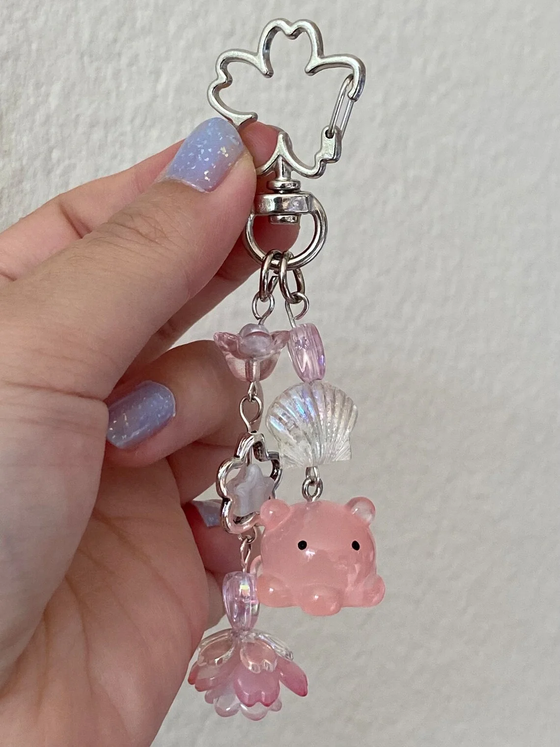 Chaveiro de polvo Flapjack, polvo rosa, Kawaii, fofo, flores de cerejeira, Sakura, que brilha no escuro, contas de vidro, contas de acrílico