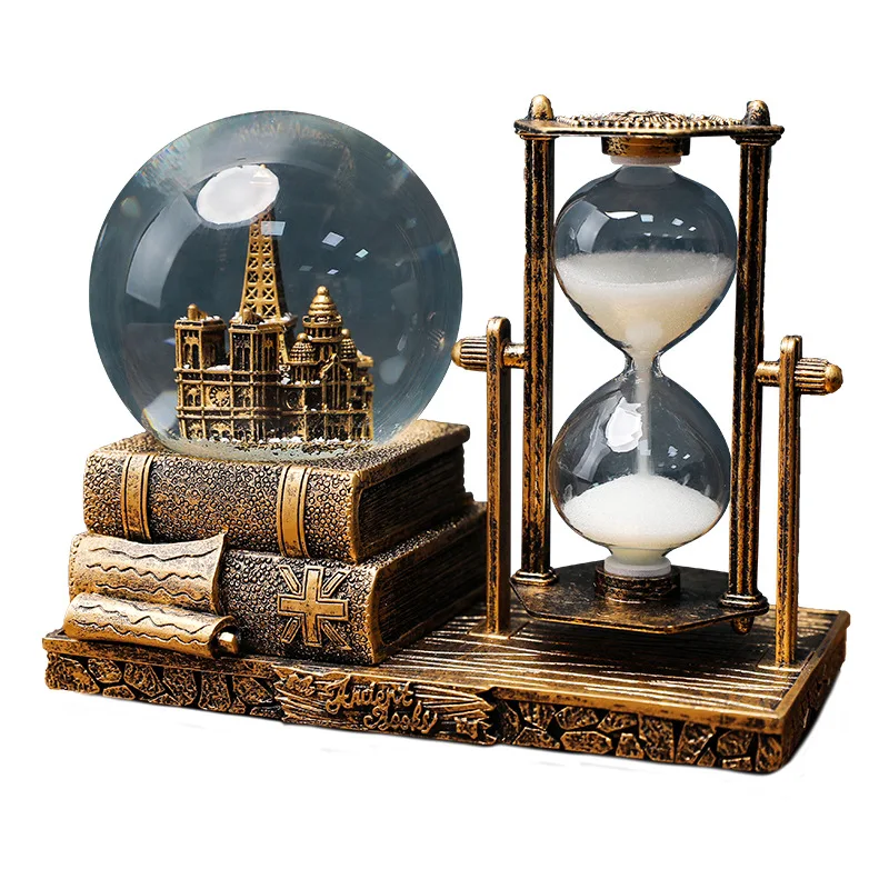 Vintage Iron Tower Hourglass Timer Crystal Ball Music Box Luminous Desktop Decoration Student Graduation Christmas Gift