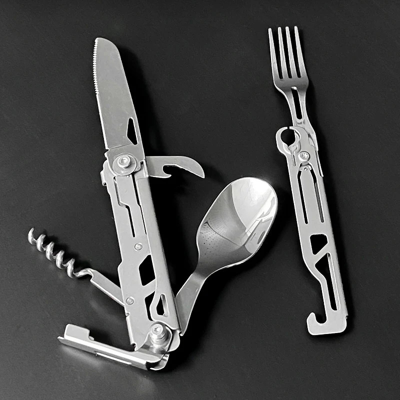 Multipurpose Knife Outdoor Camping Picnic Cutlery Travel Portable Folding Knife Fork Spoon Combination Wine Bottle Opener