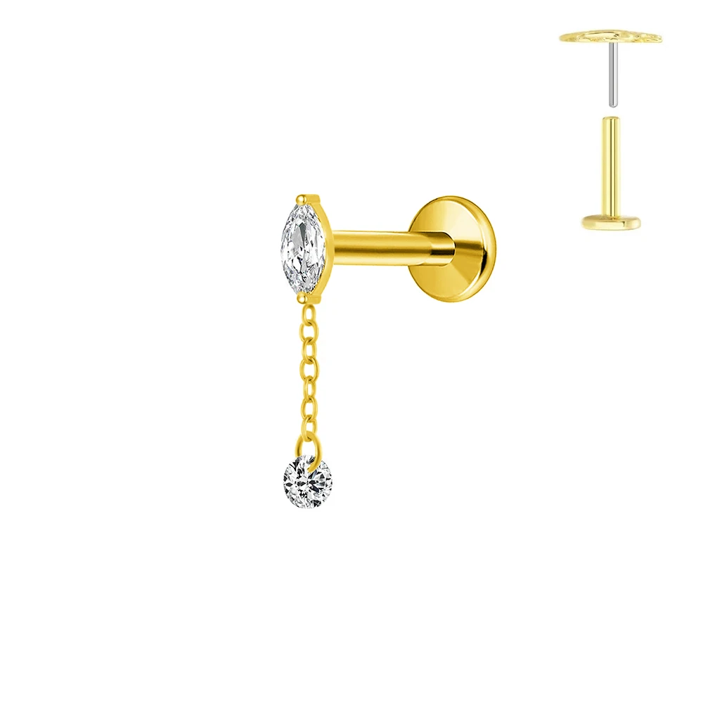 ASTM F136 G23 Titanium Horse Eye Zircon Crown Tassel Puncture Flat Earring Cartilage Chain Push in Labret Stud Piercing 5