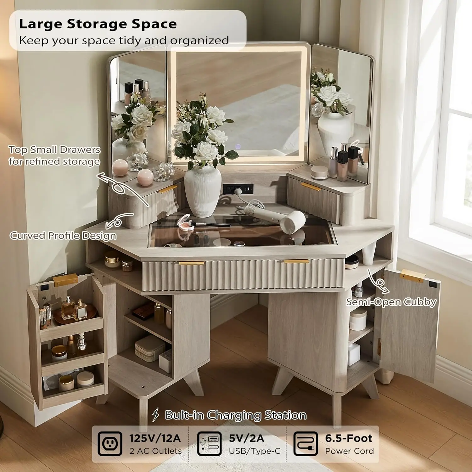 Fluted makeup vanity desk - image 3