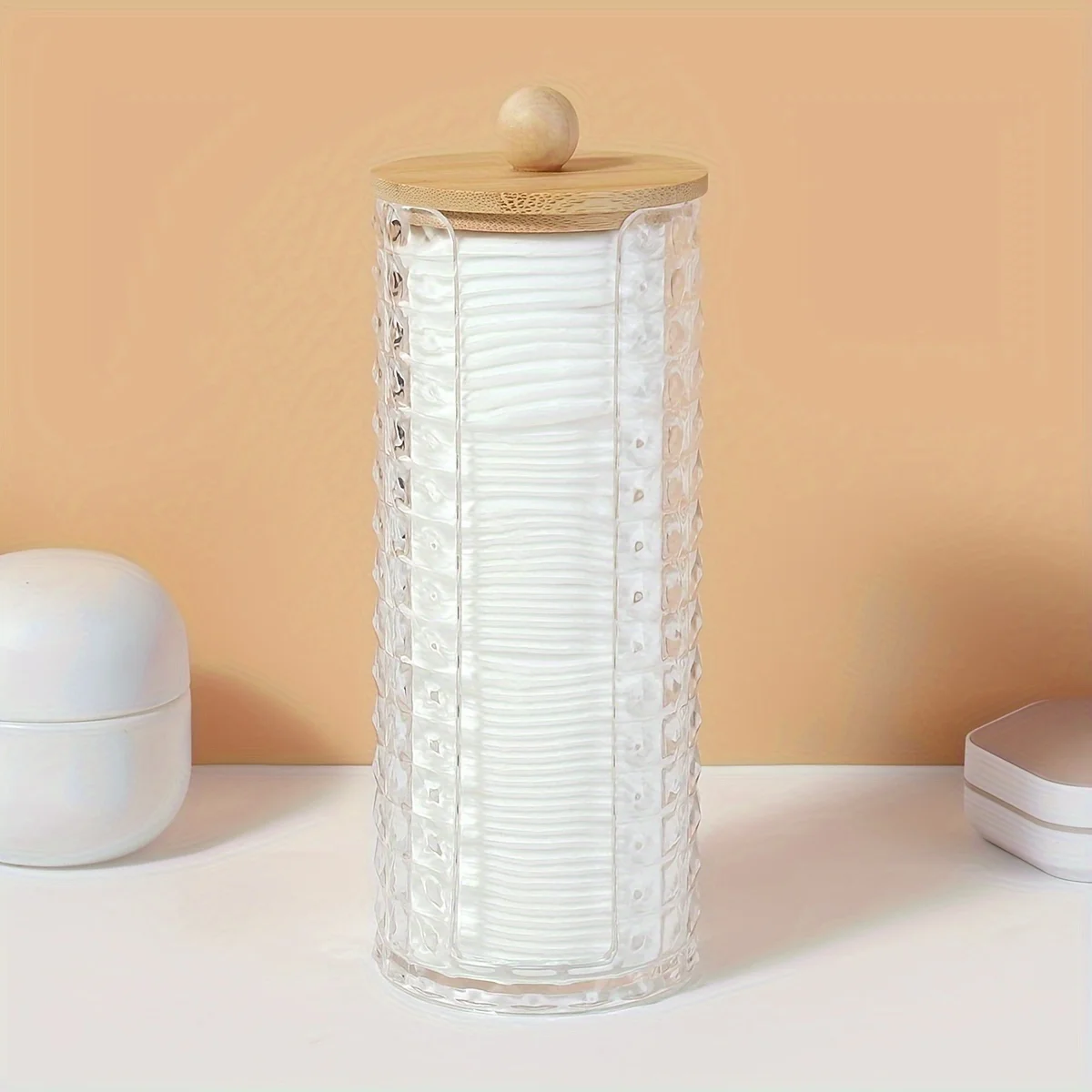 Acrylic Makeup Cotton Pad Holder, Clear Diamond Pattern Cotton Pads Organizer Dispenser Bathroom Jars for Round Cotton Display 2