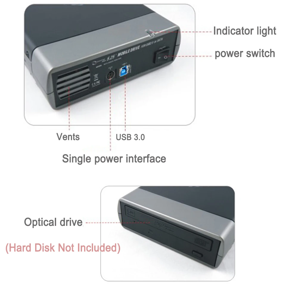 5.25 inch Optical Drive Case 3.5 inch SATA USB2.0 External HDD CD DVD External Enclosure EU/US Plug