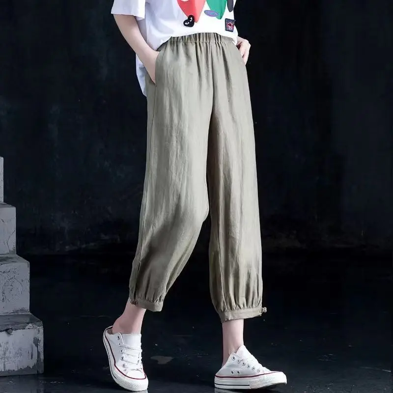 2024 New Women's Summer Simplicity Thin Solid Color Pocket Cotton Linen Casual Versatile Fashion Haren Lantern Capris Pants
