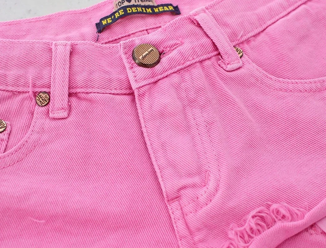 2024 Low-waist Decadent Style Loose No Elastic Rolled Denim Shorts Women Open Pockets Beach Macaron Powder Short Jeans Female