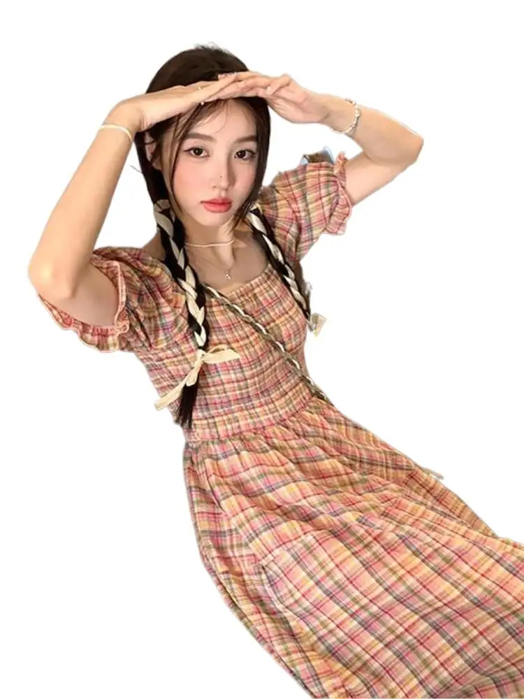 

Summer Bohemian Rainbow Plaid Long Dresses For Women Bubble Mid Sleeve Maxi Dress Formal Party Dresses 2023 New Fairycore