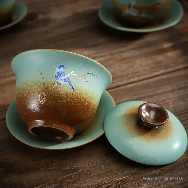 Creative Chaishao Kiln Glazed Three Talent Covered Bowls, Vintage Ceramic Household Chinese Kung Fu Tea Set Brewing Tea Bowl 1Pc