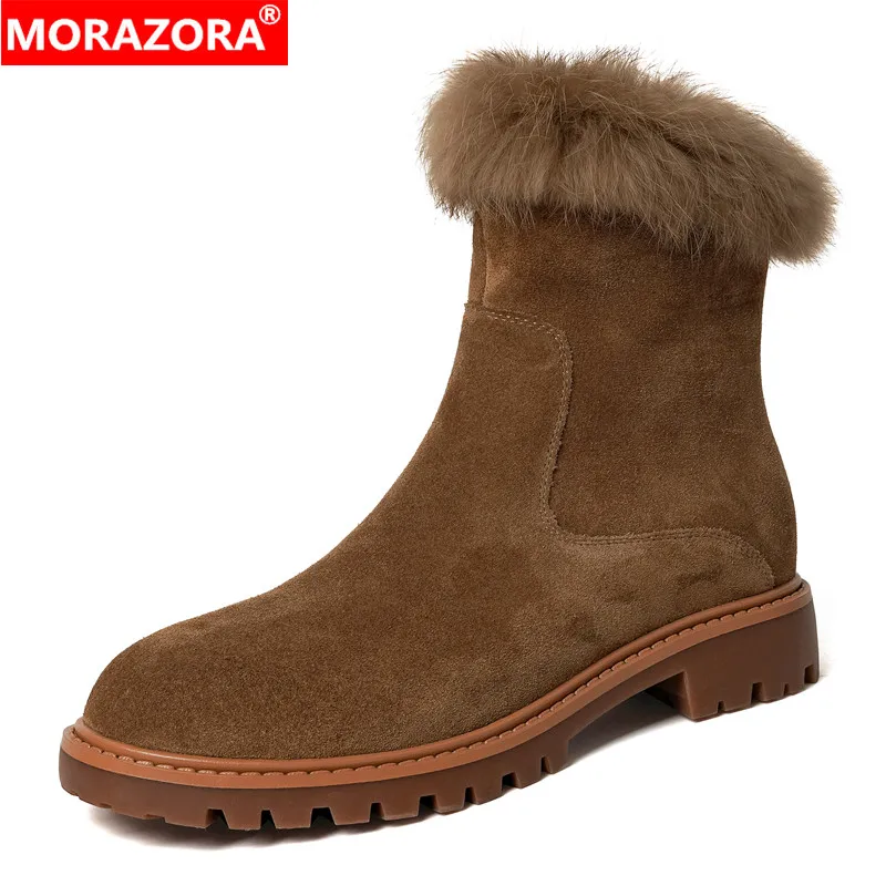 

MORAZORA New Suede Leather Snow Boots Women Zipper Rabbit Fur Ankle Boots Square Low Heels Ladies Winter Boots Ladies Shoes