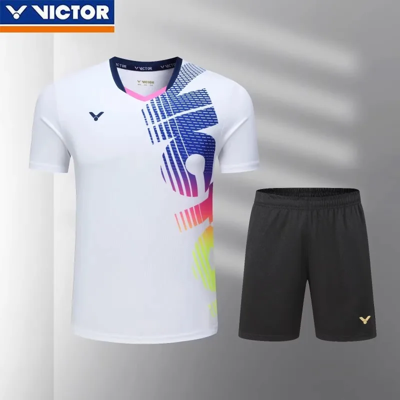 Victor New Men's and Women's Same Badminton Jersey Sports Short-sleeved Top with Shorts Set