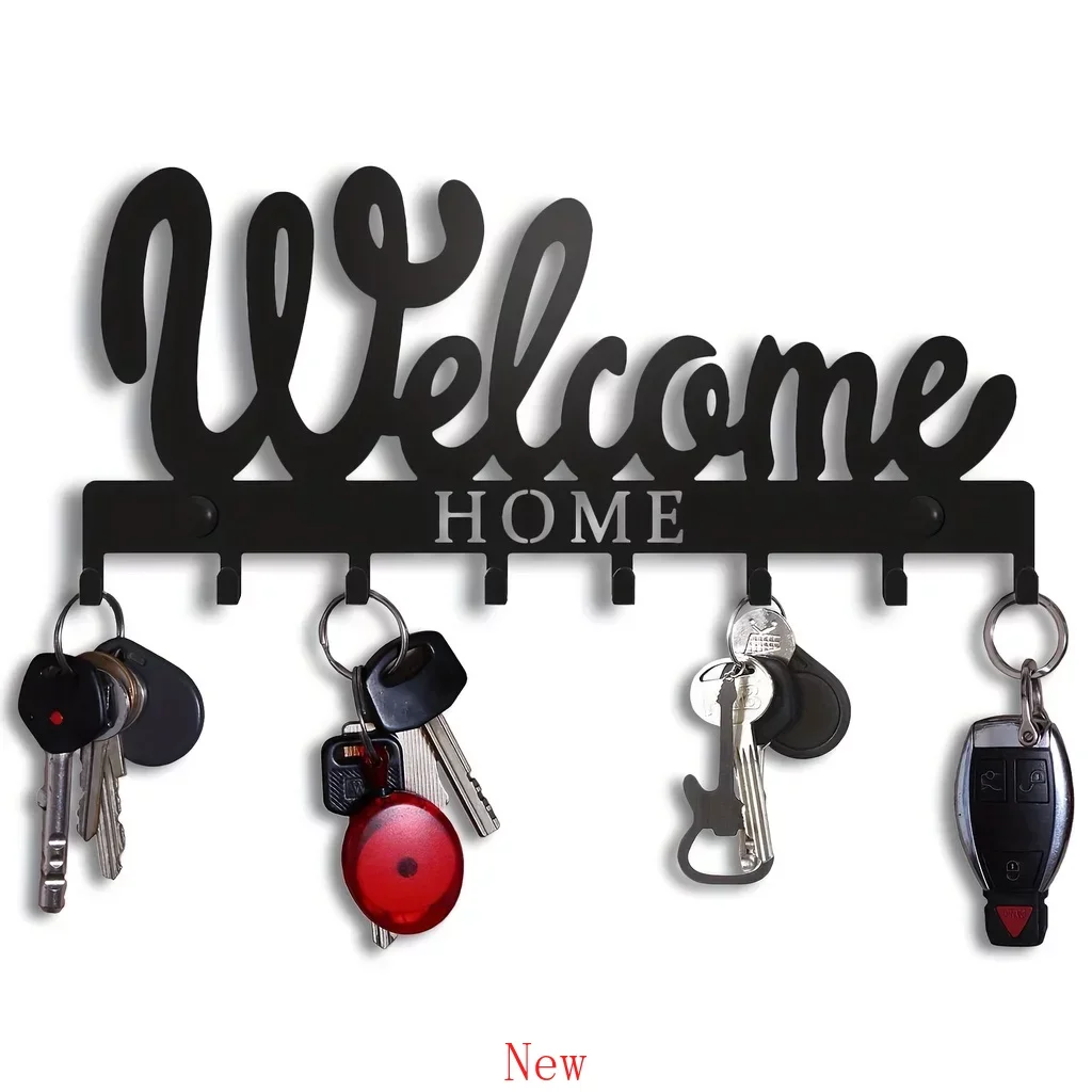 

1pc Key Holder Wall Hanging Black Metal Keys Holder Wall Mounted WELCOME Design Style Key Rack Key Hanger with 8 Hooks wall dec