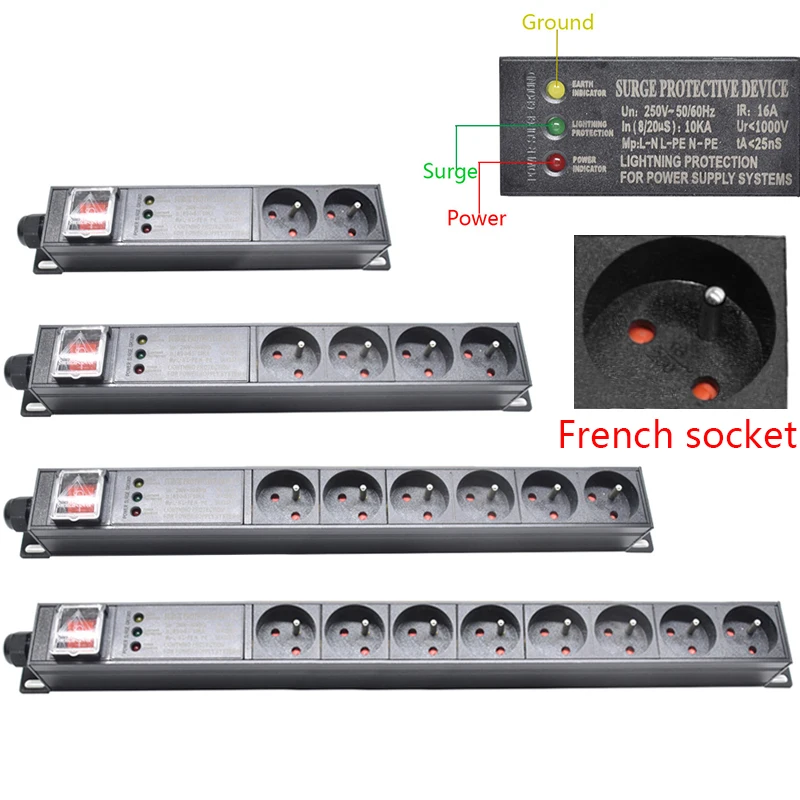Mount PDU Power Strip French socket Double Break Switch Surge
