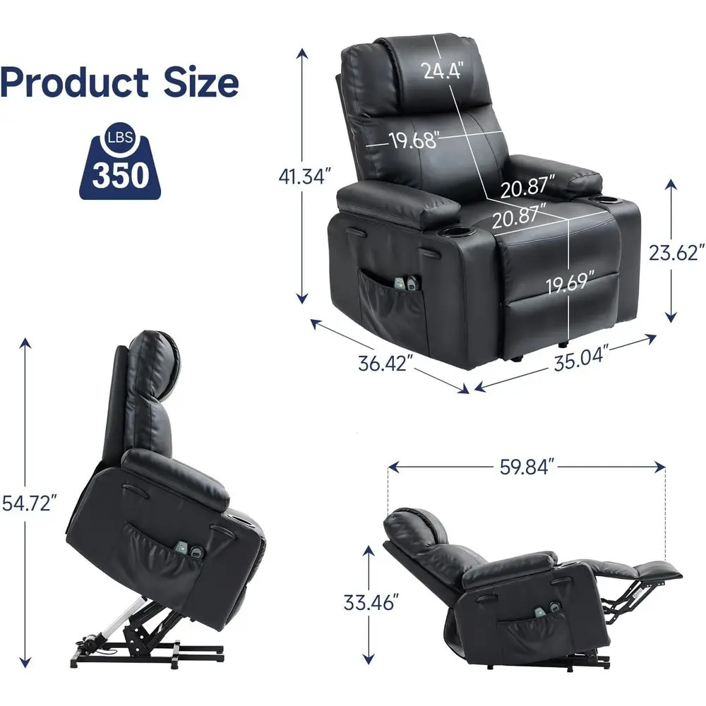 Luxury Elderly Power Lift Recliner with Massage, Heat, 160° Recline, PU Leather, Remote, Cup Holders, Side Pockets, and Stand