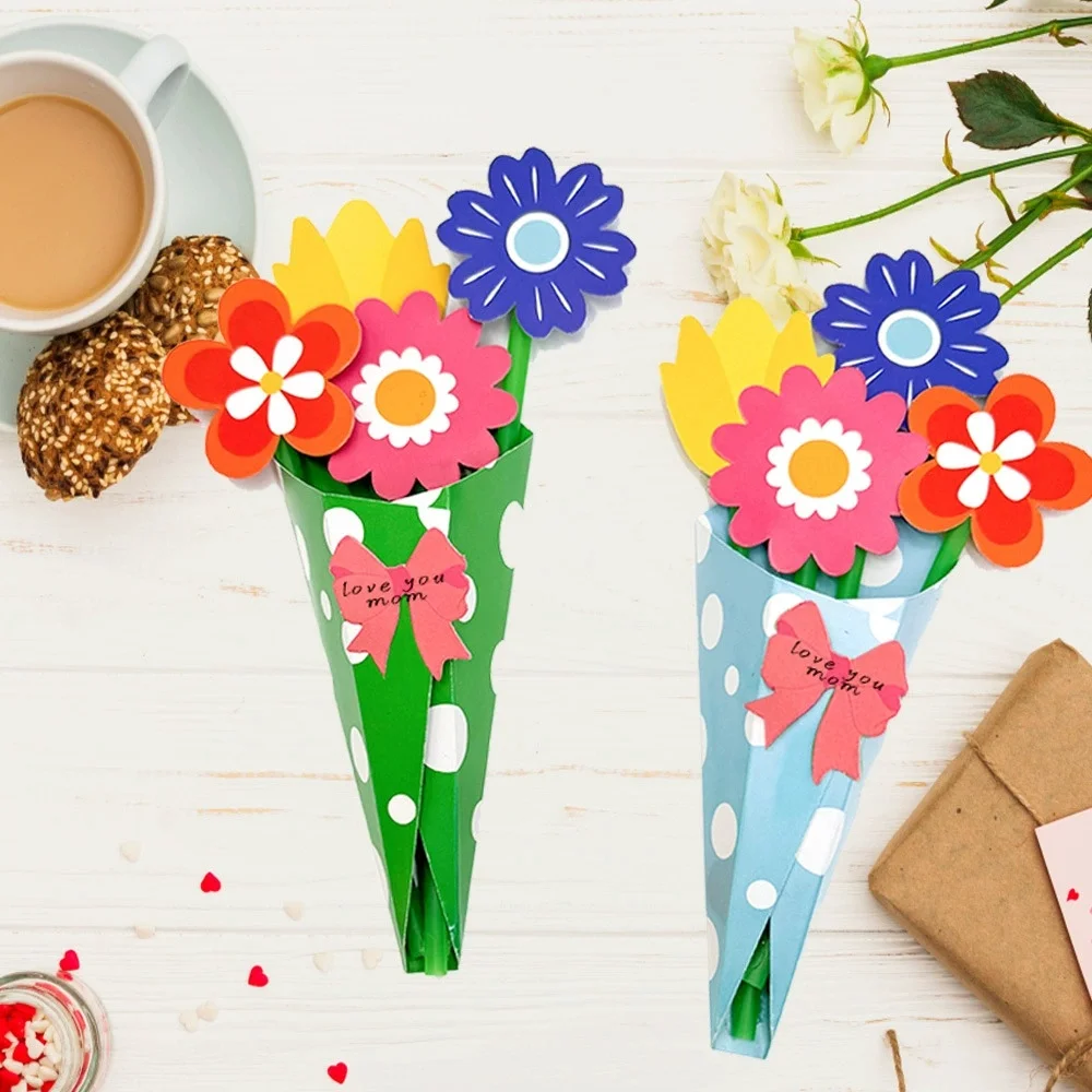 Flower Pattern 3D Foldable Bouquet Greeting Card Blessing Words Wedding Invitation DIY Card Birthday Gift Greeting
