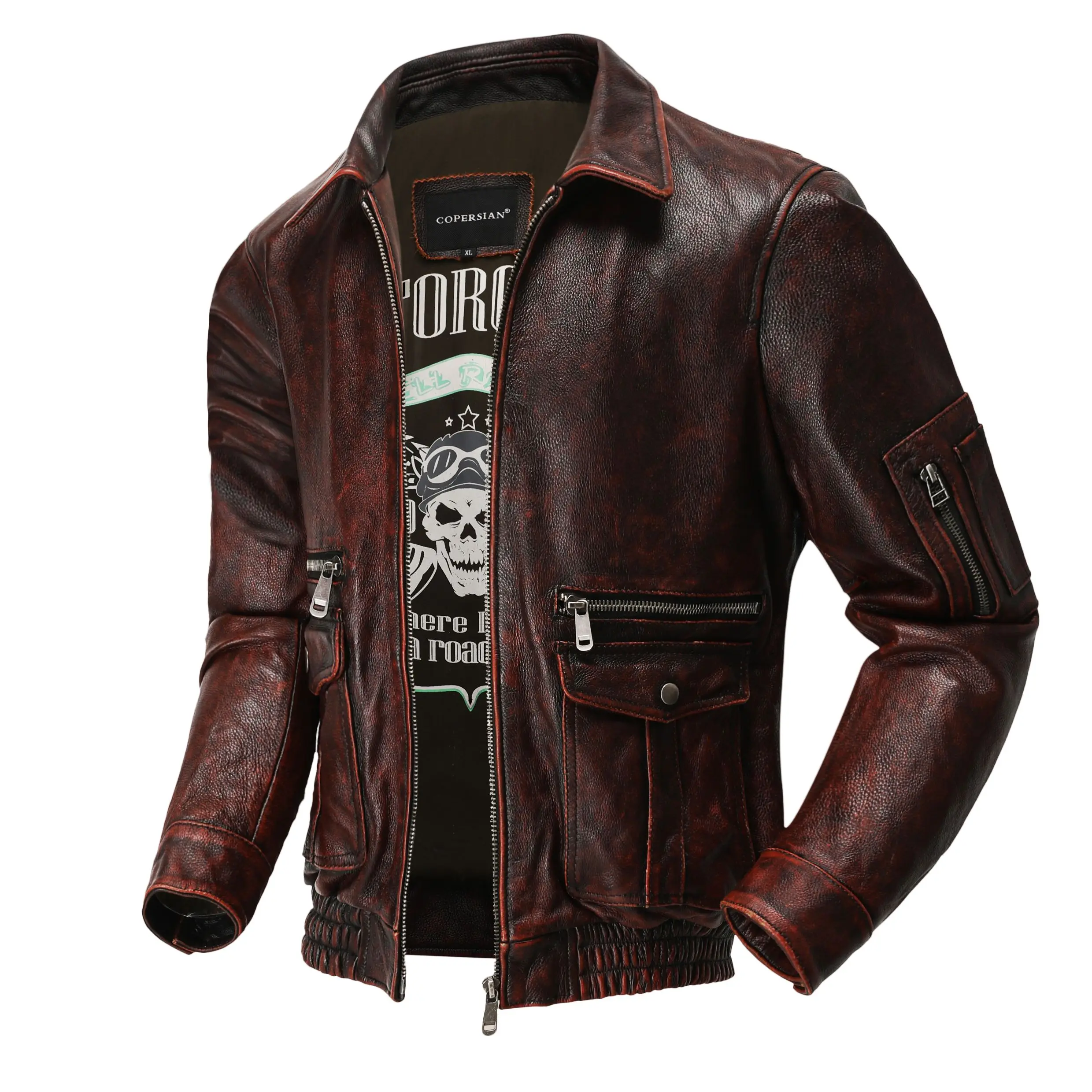 Men Leather Jacket Corium Air force Flight Vintage Distressed Cowhide Red Brown Short Moto