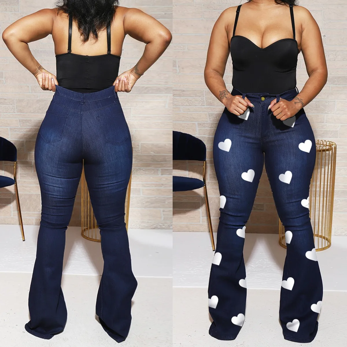 

Women's Denim Pants 2023 Spring Summer Valentine's Day Heart Print High Waist Flare Jeans Tights Pants Casual Ladies Street Wear