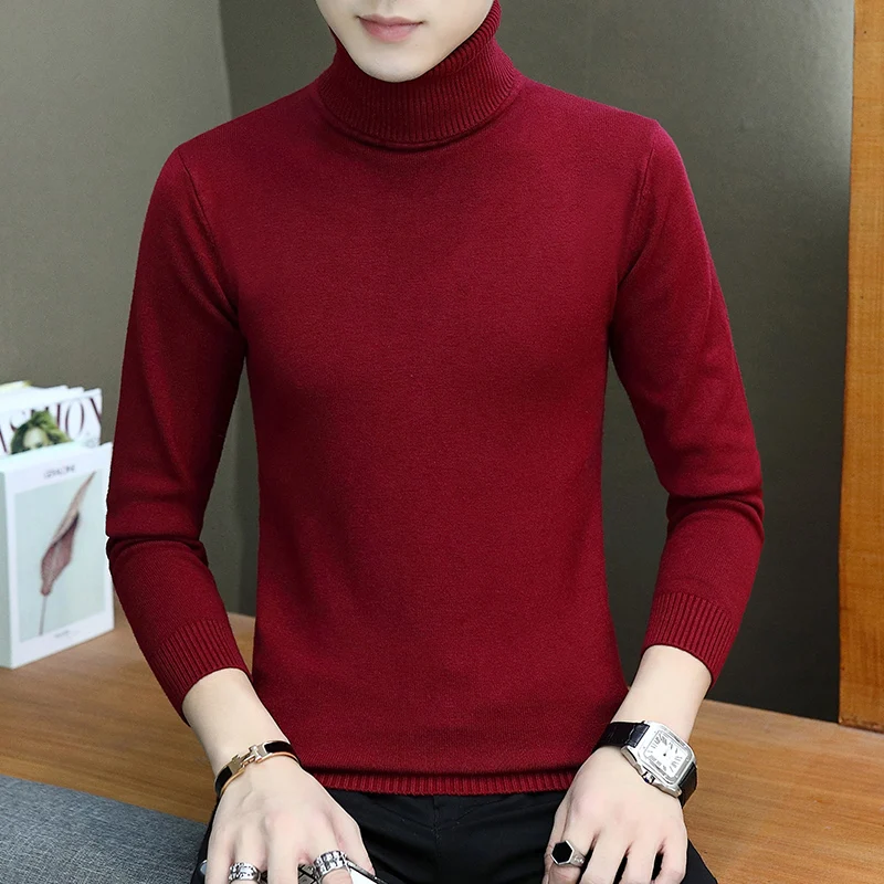 Korean Slim Solid Color Turtleneck Sweater Mens Winter Long Sleeve Warm