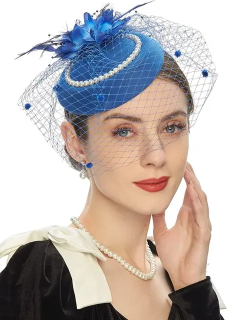Elegant Pillbox Hats 20s 50s Vintage Pearl Fascinators Hat for Women with Feather Mesh Veil Clip Bridal Wedding Tea Party
