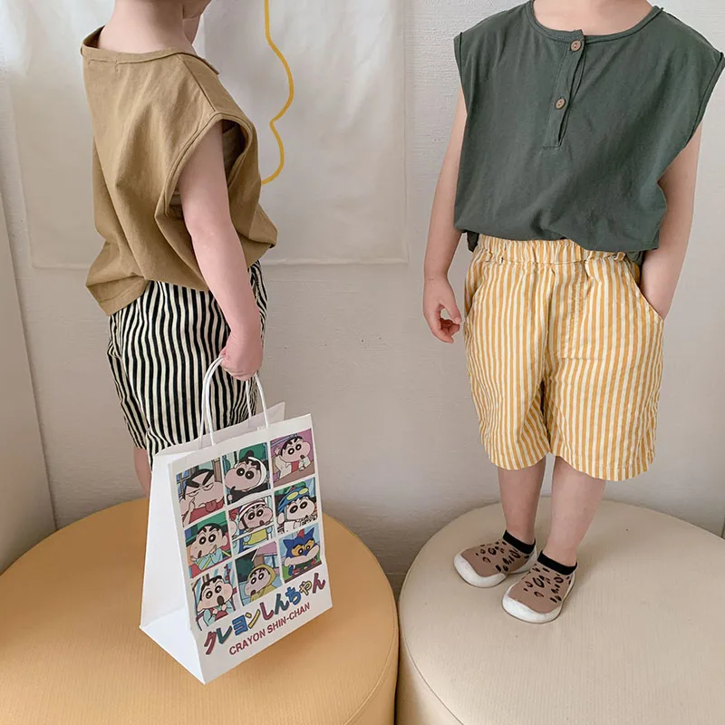 Summer Kids Clothes Stripe Girls Shorts Corduroy Elastic Boys Pants