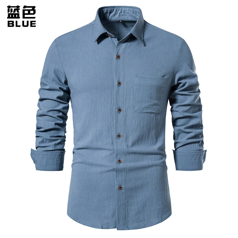 thumbnail image 1 of Camisa de manga larga de color liso para hombre Camisa de solapa con botones de algodón y lino, 1 of 5