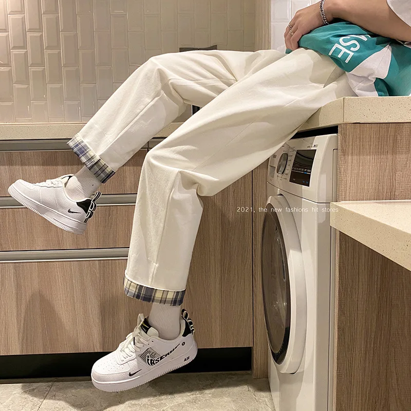 Straight Cylinder Solid Color Men Breathable Trousers Plaid Loose Casual All-match Harajuku Korean Bound Feet Cropped Pants