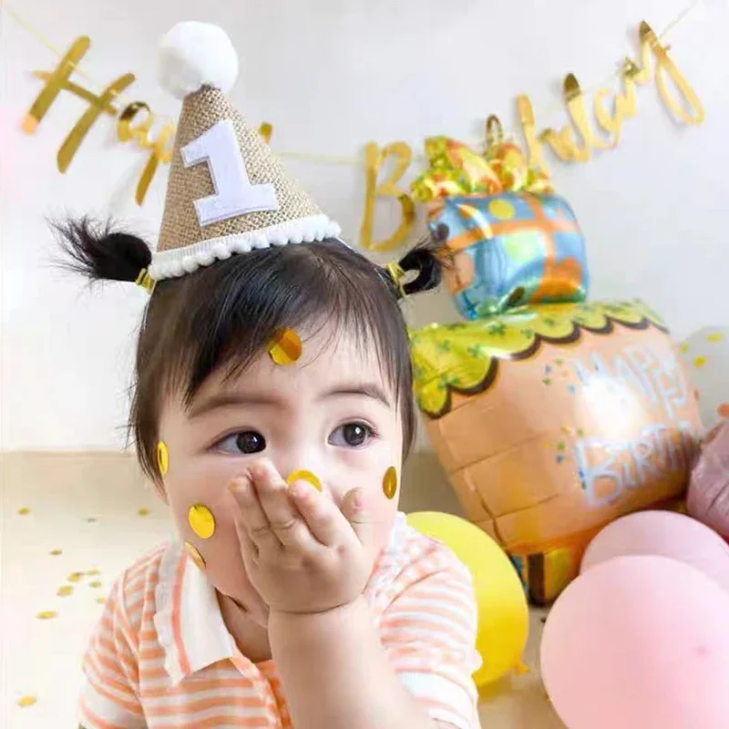 1 2 3 100 Birthday Hat Baby Boy Girl Linen Headband Birthday Baby Shower Party Decoration Caps Adult Anniversary Hats Photo Prop party hat birthday crown