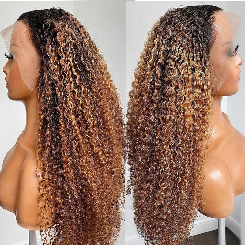 

Glueless 26 inch Ombre Blonde Kinky Curly Jewish European HumanHair Full Lace Wig For Women 23A Grade Baby Hair Pre Plucked