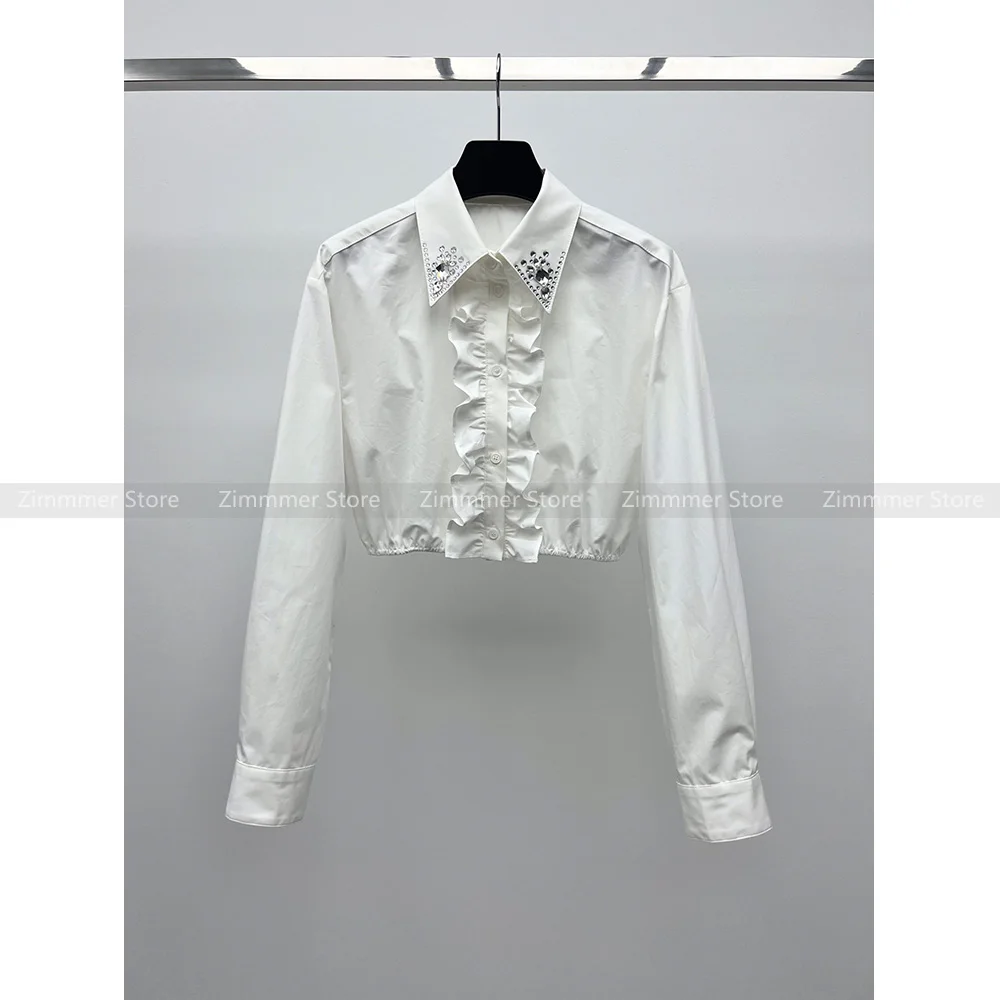 

24 Early spring new versatile temperament lapel studded short lotus leaf shirt top