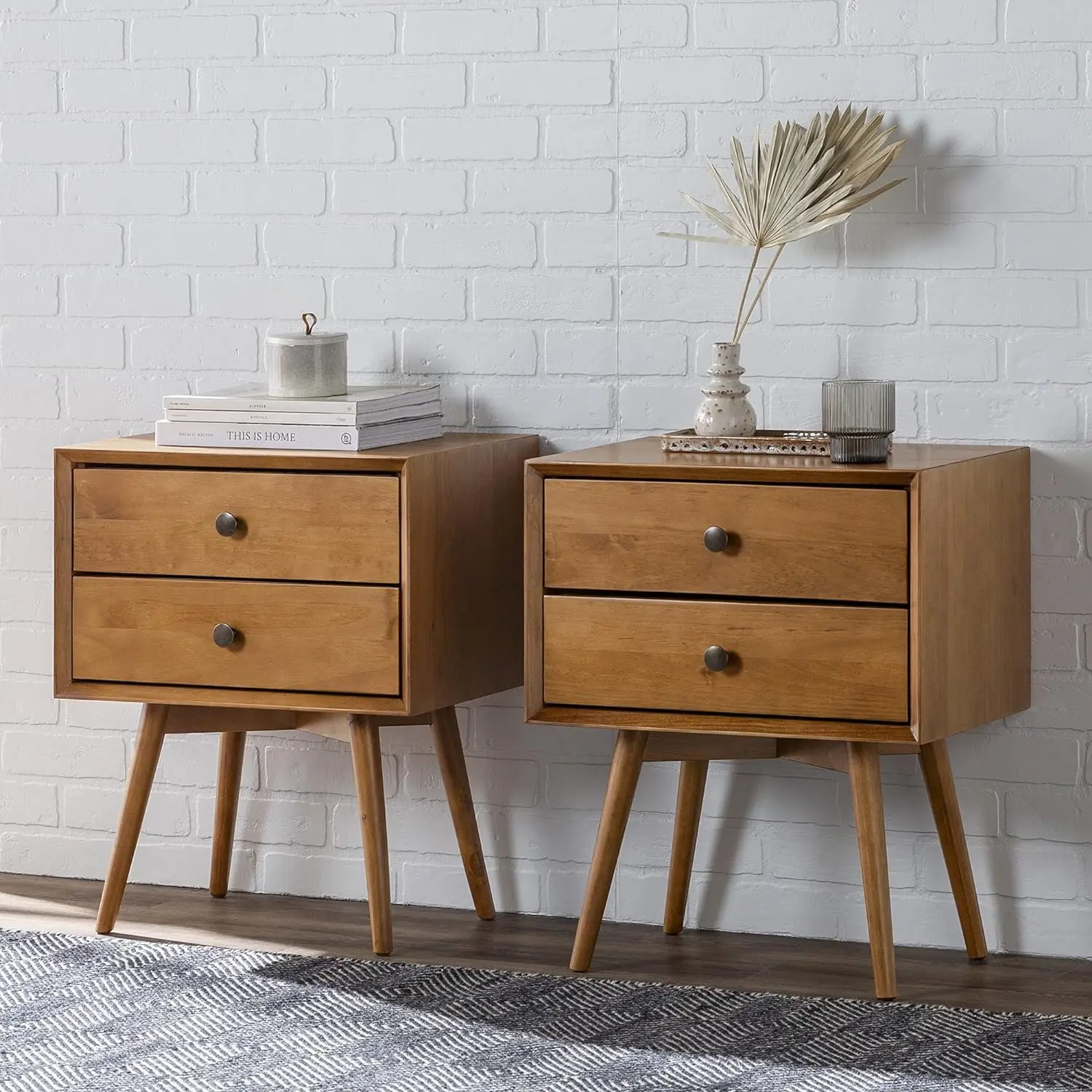 

Walker Edison Ella Mid-Century Modern 2-Piece 2-Drawer Solid Wood Nightstand Set, 2 Pack, Caramel