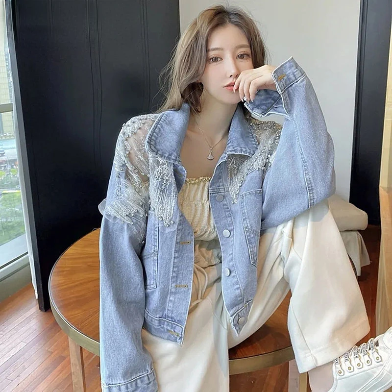 

Spring and Autumn Beading Diamond Mesh Splicing Jackets for Women Short Style Europe Station Loose Slimming Leisure Cowboy Coats