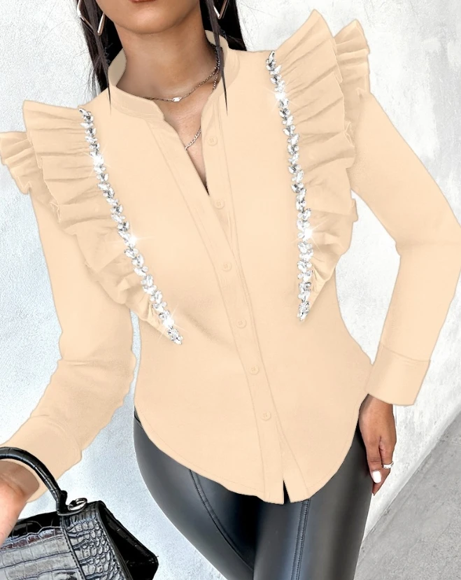 

Casual Rhinestone Decor Ruffles Flutter Sleeve Top for Women Temperament Commuting Women's Fashion Stand Collar Elegant Blouses