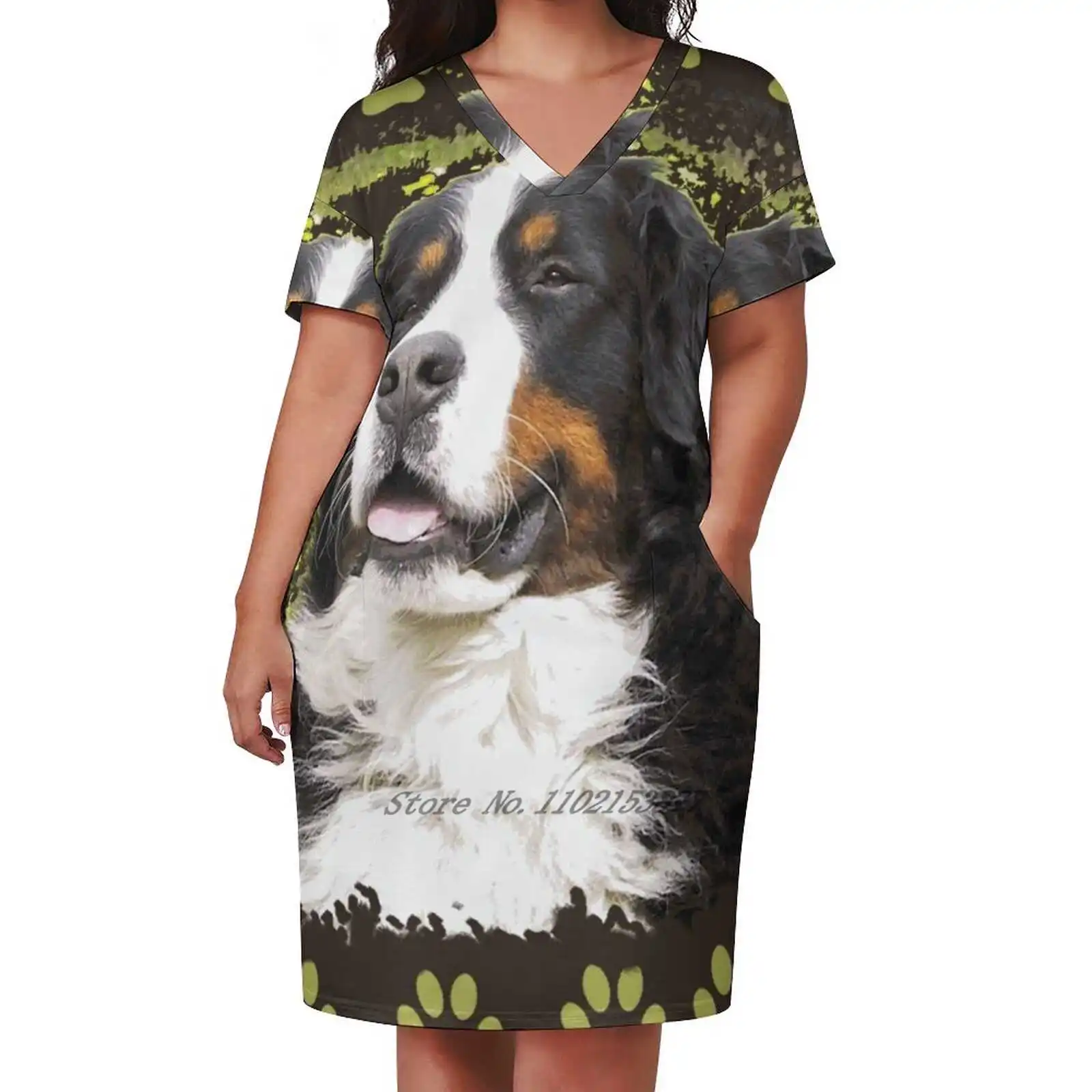Bernese Mountain Dog Loose Pocket Dress Women'S Printed Dresses V Neck Casual Dress New Design Bernese Mountain Dog Berner