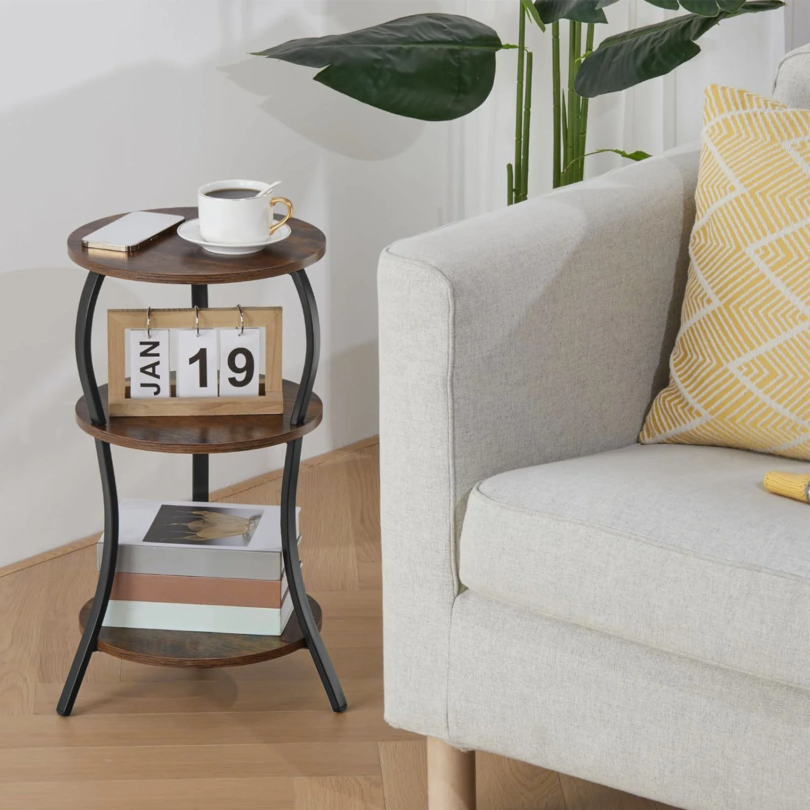Round End Table Side Table 3 Tier MDF Metal Frame Rustic Accent Table Nightstand for Living Room Bedroom Couch Round End Table