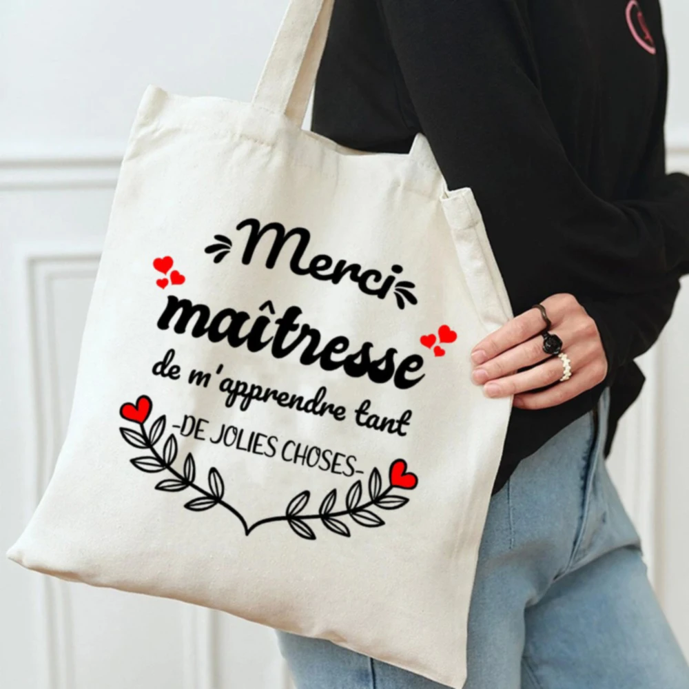 Merci Maîtresse Print Cotton Canvas Shoulder Shopper Tote Bags Travel Storage Handbag Teacher Book Travel Storage Bags Shopper reusable softball shopping bag women canvas shoulder tote bag durable baseball sport art groceries shopper bags