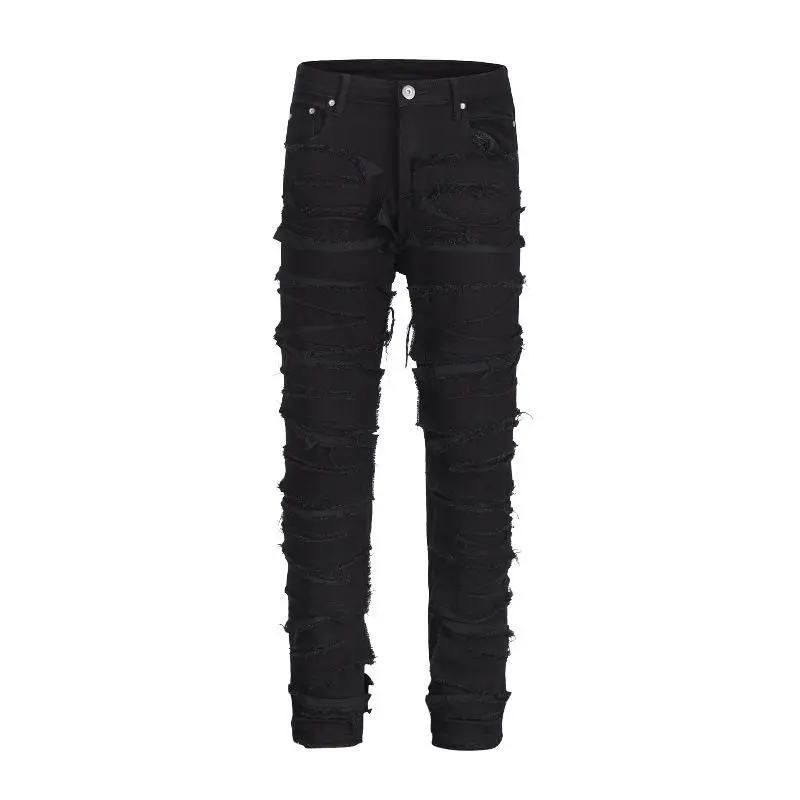 Luxury Clothing Vintage Ripped Men's Black Straight-leg Jeans Solid Denim Pencil Pants Spring Autumn Casual Bottomwear Pants