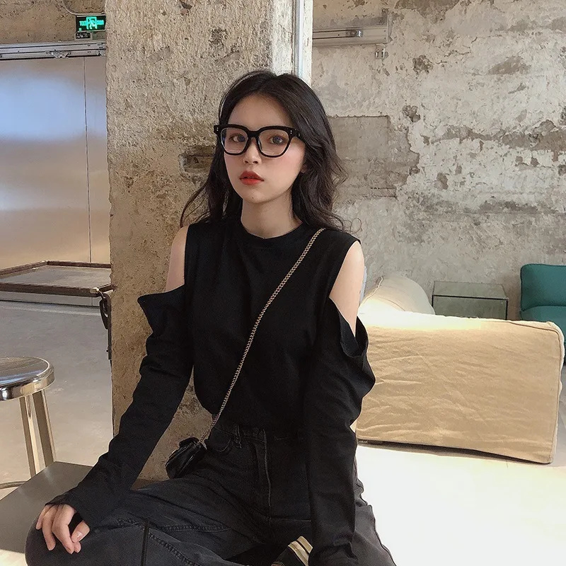 

Korean Fashion Pure Color Off Shoulder Women's Long Sleeve Top Loose Round Neck Y2k Spring and Autumn Casual Women's T-shirt