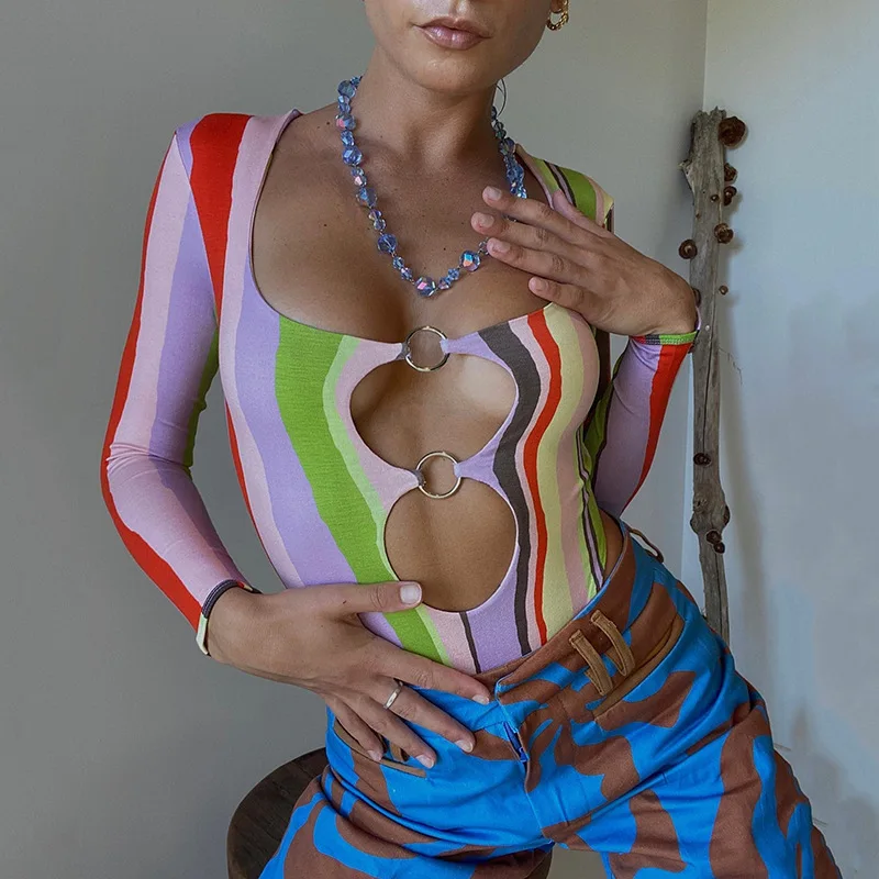 

Sexy Cut Out Long Sleeve Bodysuit Tops Women Rave Festival Clothing Fall 2023 Fashion Printed Body Suits