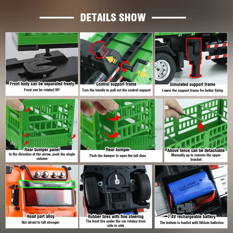 HUINA 1/18 RC Truck Container 9CH Alloy Remote Control High Hurdle Car Light Sound Body Can Be Separated Wood Transporter Gifts 4