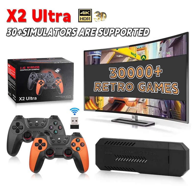 X2 Ultra Video Game Stick Console Or ONLY 64G Retro Games Christmas Gift 2.4G Double Wireless Controller 4K HD30000 Games
