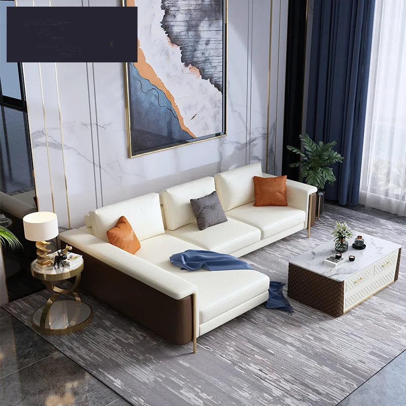 

Italian leather sofa combination living room modern simple new villa light luxury corner leather sofa