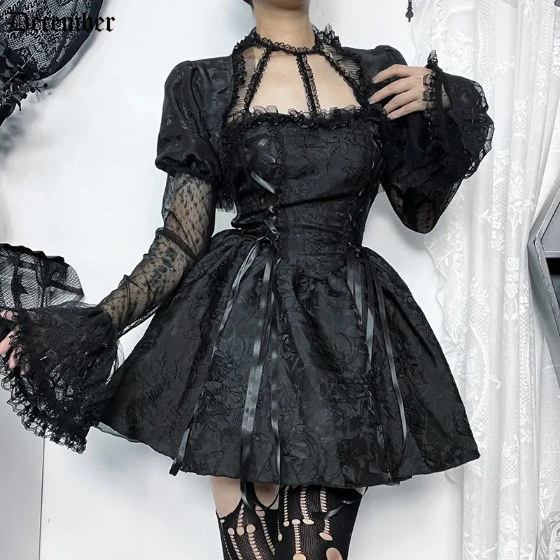 

December Elegant Gothic Lace Smock Women Vintage Dark Punk Lace Patchwork Puff Sleeve Crop Tops Halloween Emo Alt Rave Outfits