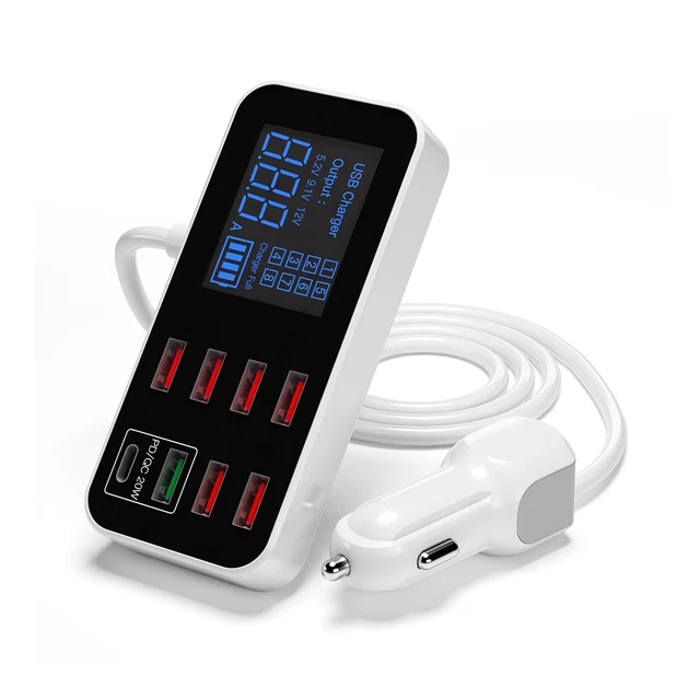 LCD Car Charger A9S+ USB 8 Ports 40W QC3.0 Quick Charging Portable  Intelligent Digital Display Fast Charging Car Phone Charger