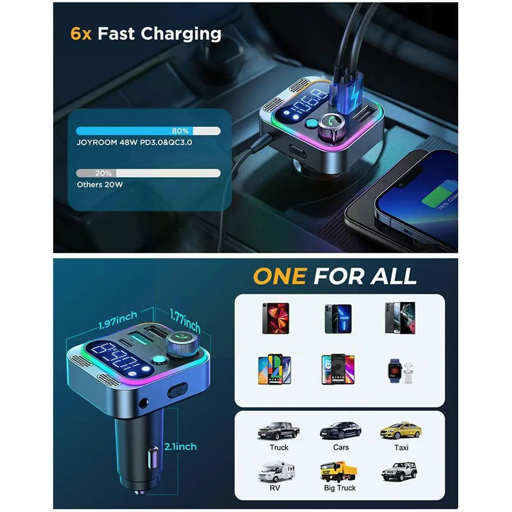 Bluetooth 5.3 FM Transmitter for Car Stronger Dual Mics Deep Bass Sound 48W PD&QC3.0 Car Charger Bluetooth Adapter P9R9 Car Bluetooth Fm Transmitter