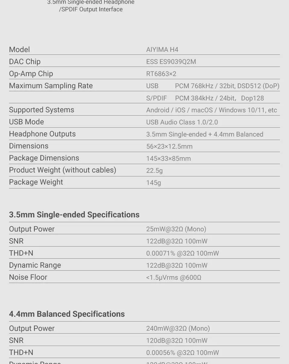 AIYIMA H4 HIFI Tragbarer Kopfhörerverstärker USB DAC AMP ES9039Q2M PCM768 DSD512 4,4mm symmetrischer/3,5mm Klinkenausgang OLED-Display – Detail 18