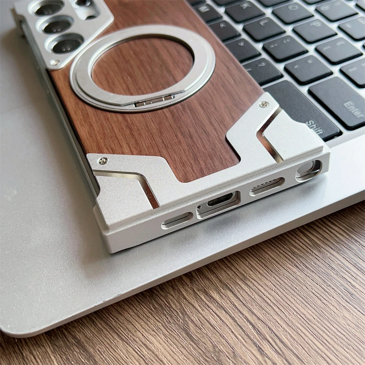 Aluminum Alloy Frameless Magnetic Holder Phone Case with Wooden Hard Cover