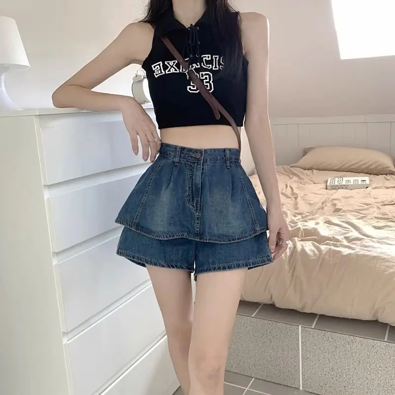 Fashion Zipper Button Spliced Ruffle Denim Shorts Female Clothing 2024 Summer New Loose All-match High Waist Casual Shorts