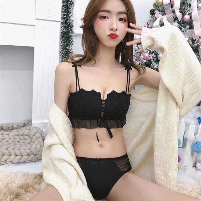 Korean Fashion Push Up Bras and Panty Set for Women Black Mesh Bow Embroidery Non Wire Bralette Mujer Sexy Lingerie Set Lenceria