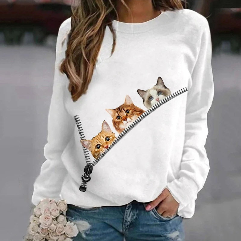 

Women Long Sleeve Casual T-Shirt New Autumn O-Neck Printed Loose Tops Cartoons Funny Cats T-Shirt Fashion Lady Streetwear