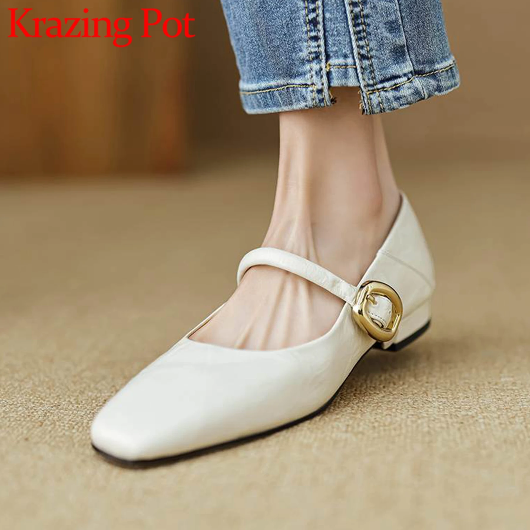 

Krazing Pot Sheep Leather Metal Buckle Thick Low Heels Spring Summer Square Toe Mary Janes Women Business Casual Shallow Pumps