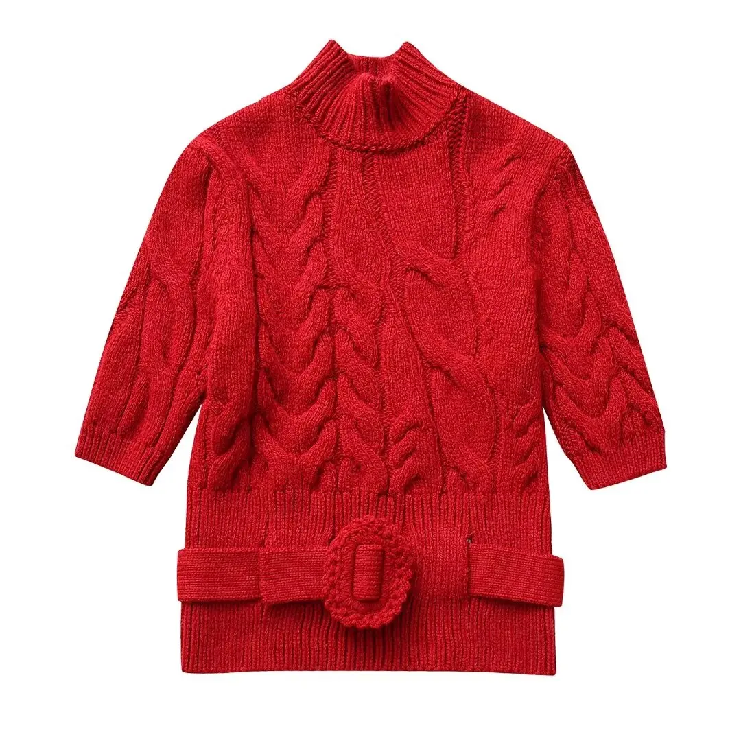 

Women 2023 New Fashion Belt Knitted Sweater Vintage Mock High Collar Short Sleeve All-match Casual Female Pullovers Chic Tops