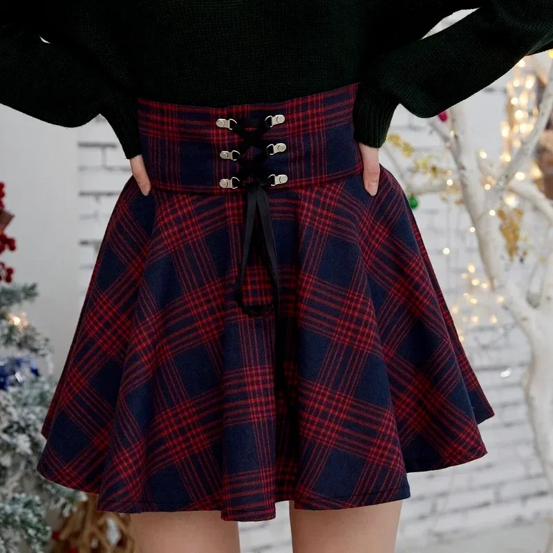 

Spring Summer Women High Waist Korean Style Pleated Skirts 2021 Girls Retro Punk Casual Skirts Ladies Mini Plaid Lace Up Skirt